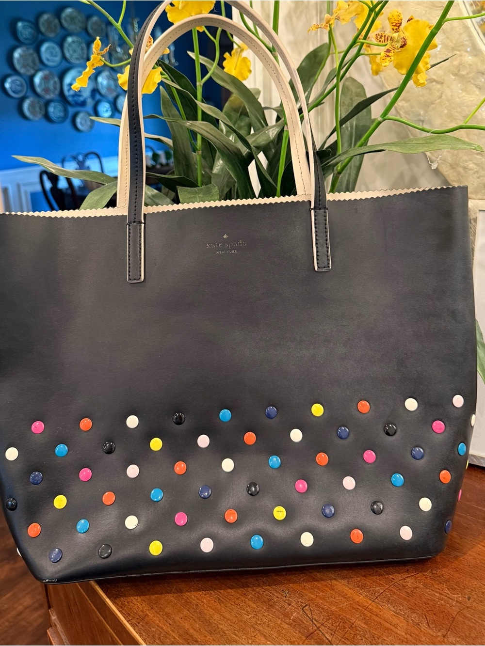 kate spade large black leather tote with multicolor stud dots